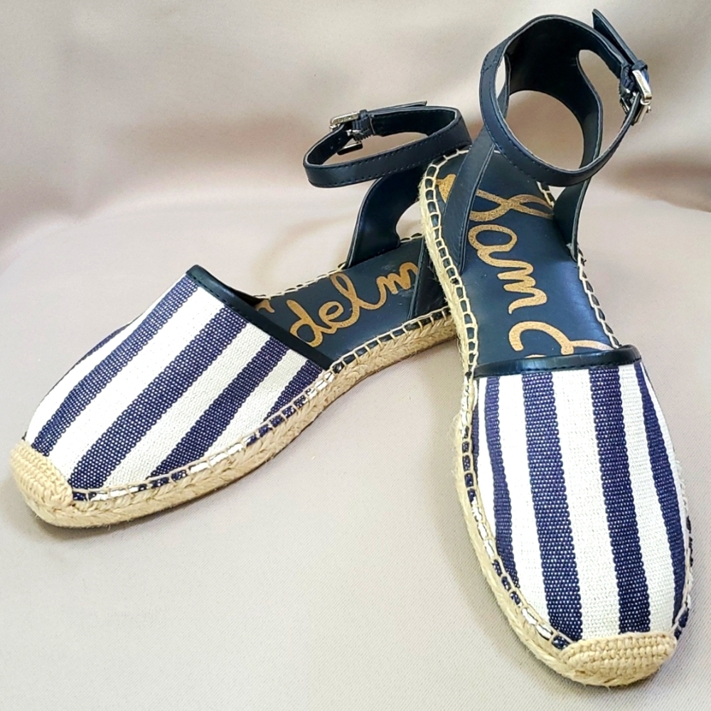 Womens Sam Edelman Navy and Cream Stripe Espadrille Flat Sandals Size 8.5